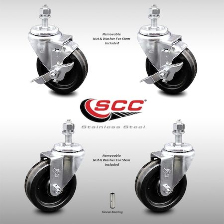 Service Caster 4 Inch SS Phenolic Wheel Swivel 1/2 Inch Threaded Stem Caster Brakes SCC, 2PK SCC-SSTS20S414-PHS-121315-2-TLB-2